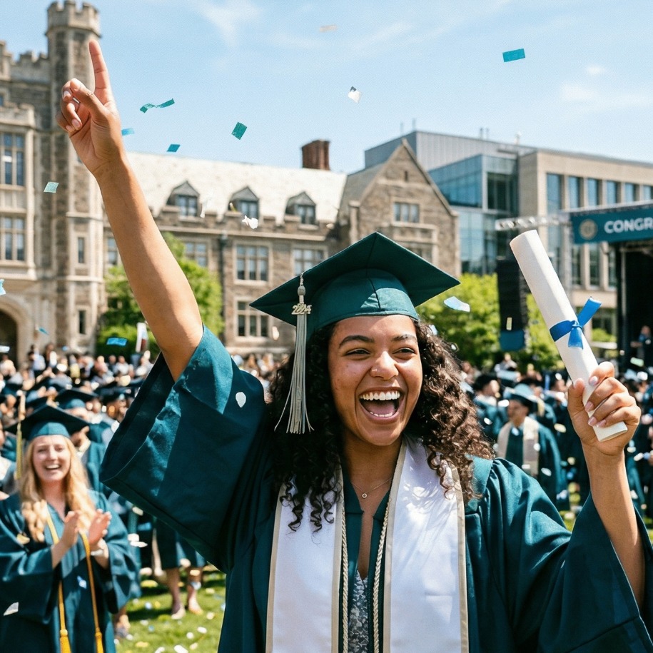 Graduate celebrating commencement with diploma in hand